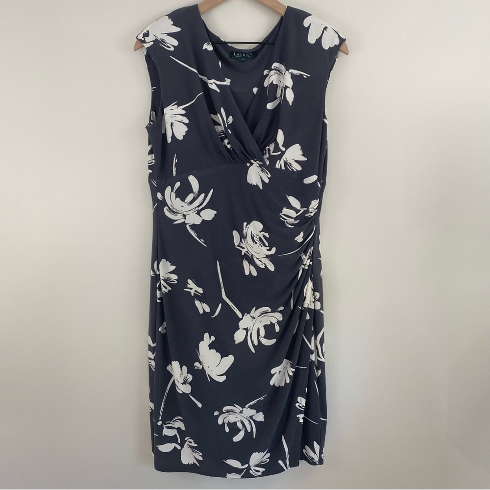 Ralph Lauren Gray Floral Faux Wrap Sleeveless Sheath Dress